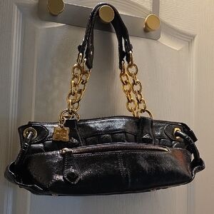 BCBGMaxAzria Black Leather Shoulder Bag with Gold Chain